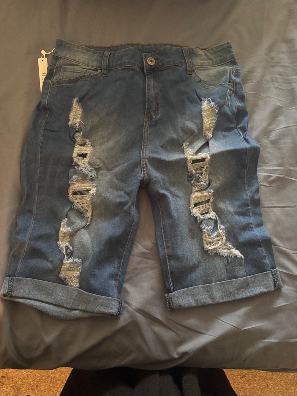 Women's Blue Distressed Rolled-Hem Jean Shorts